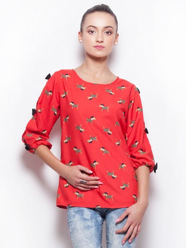 Casual Self Design Women Red, Black Top