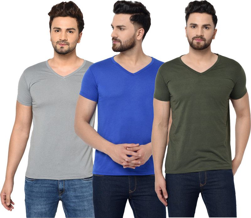 Pack of 3 V neck Combo T-shirts Multicolor Men Solid V Neck Cotton Blend Dark Green, Blue, Grey T-Shirt