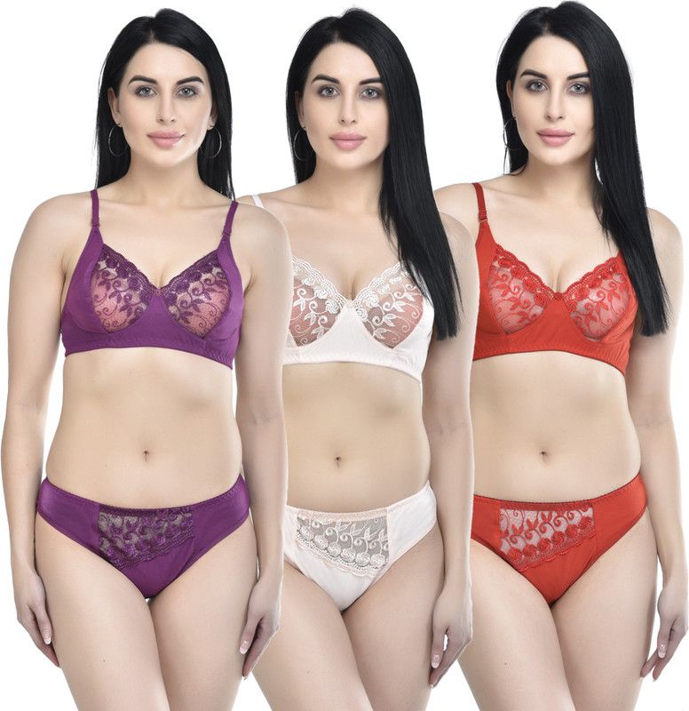 Bra & Panty Set Self Design Purple, Red, White Lingerie Set