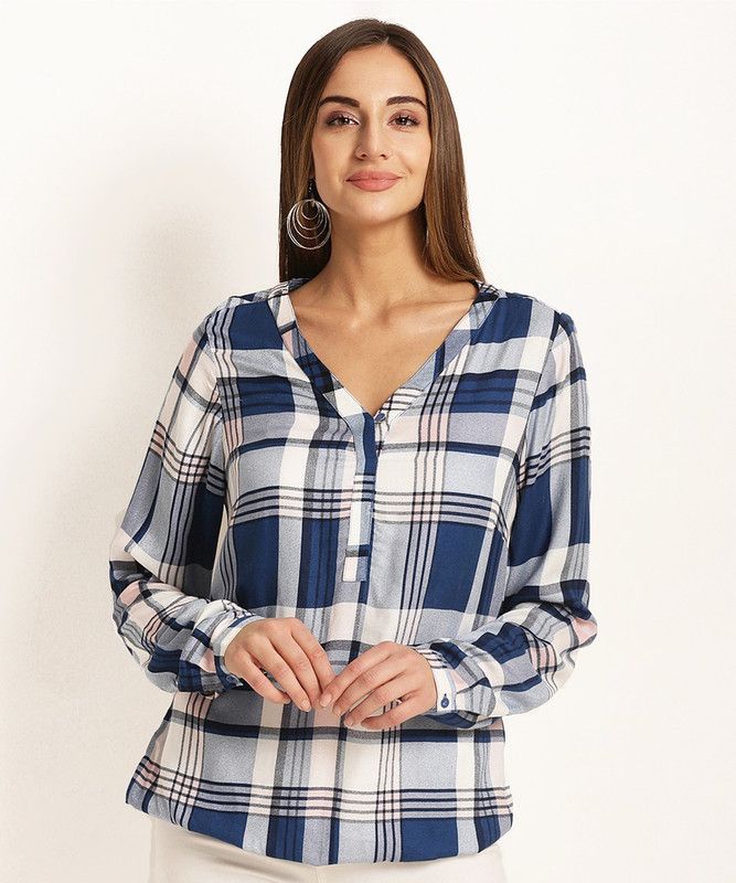 Casual Cuffed Sleeves Checkered Women White, Blue Top