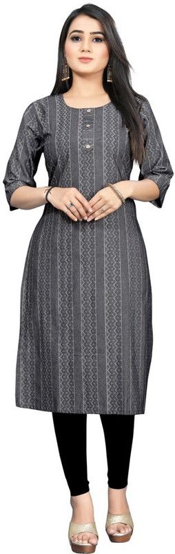Women Striped Cotton Silk Straight Kurta  (Grey)