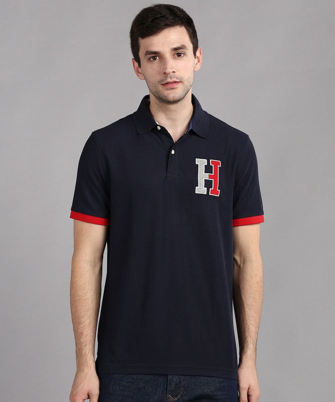 Men Embroidered Polo Neck Poly Cotton Blue T-Shirt
