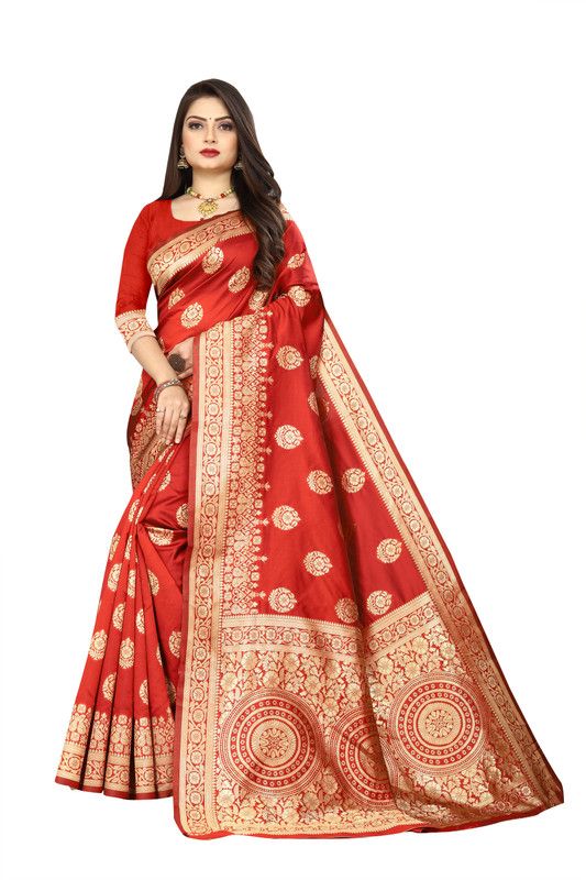Self Design Kanjivaram Jacquard Saree  (Red, Gold)