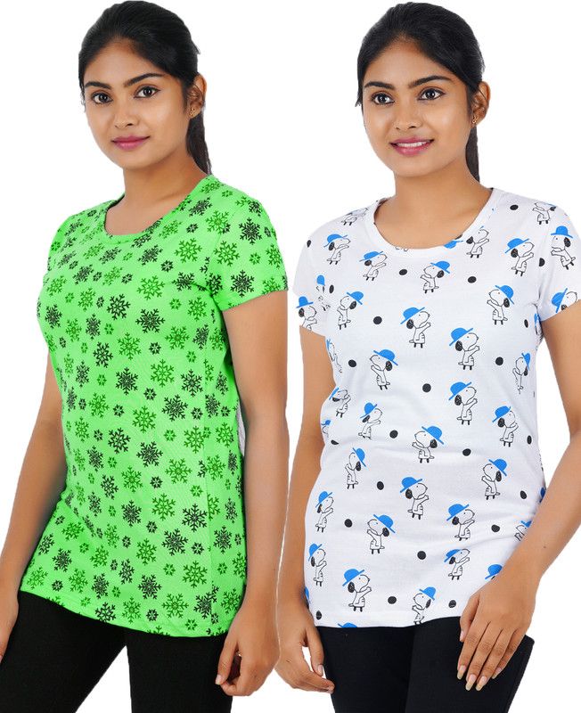 Pack of 2 Women Floral Print Round Neck Pure Cotton Multicolor T-Shirt