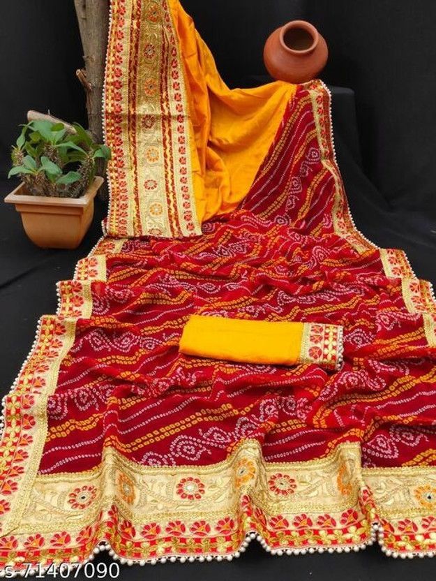Printed, Embroidered Bandhani Georgette, Art Silk Saree  (Yellow)