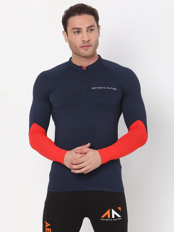 Men Solid Mandarin Collar Polyester Dark Blue, Red T-Shirt