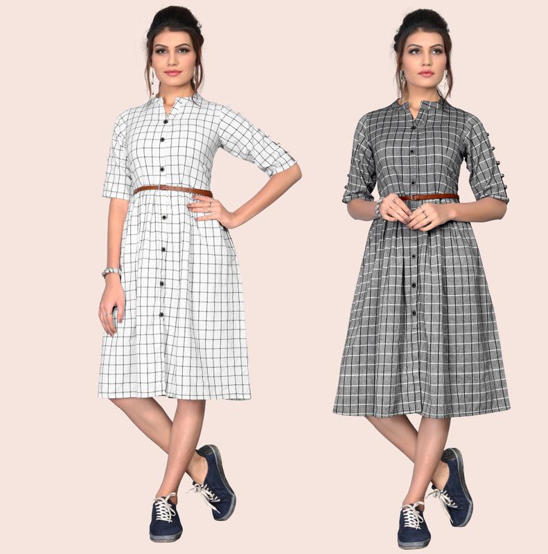 Women Skater White, Grey Dress