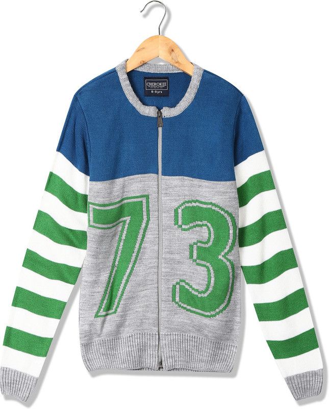 Boys Striped Round Neck Grey Sweater