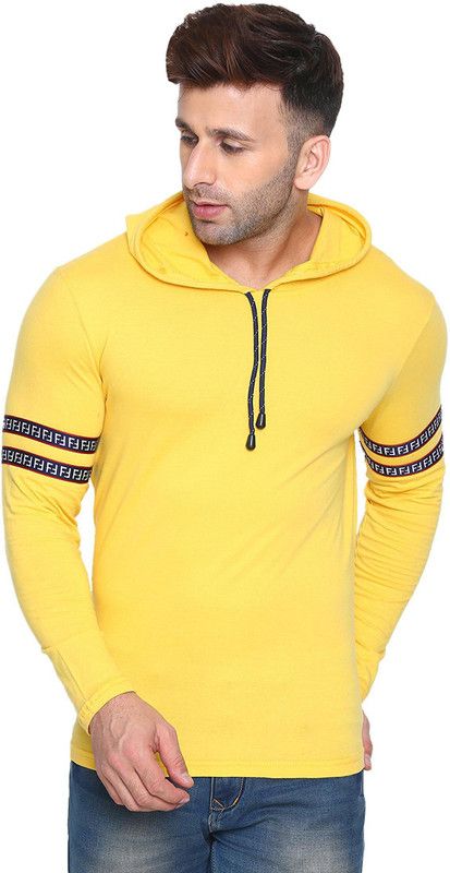 Men Solid Hooded Neck Pure Cotton Yellow T-Shirt