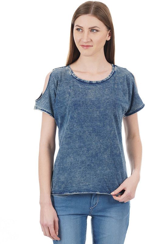 Casual Cold Shoulder Sleeves Washed Women Blue Top
