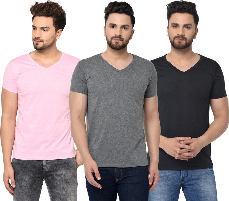 Pack of 3 Men Solid V Neck Cotton Blend Black, Pink, Grey T-Shirt