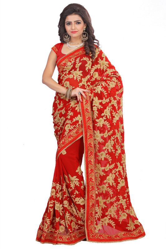 Embroidered Fashion Georgette Saree  (Red)