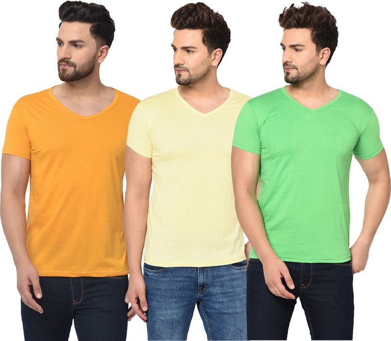 Pack of 3 V neck Combo T-shirts Multicolor Men Solid V Neck Cotton Blend Green, Yellow T-Shirt