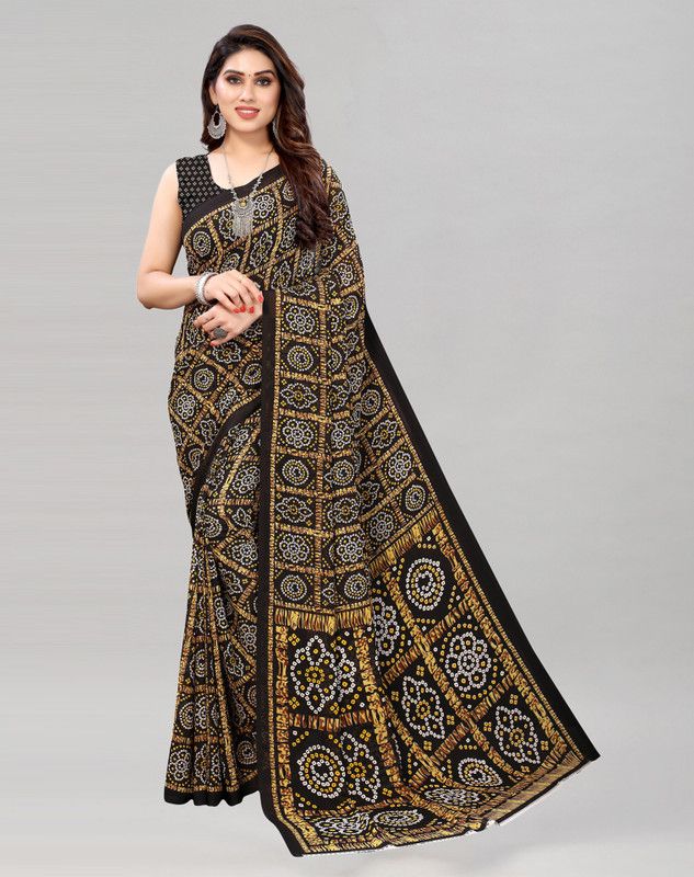 Printed, Geometric Print Bandhani Georgette Saree  (White, Black)