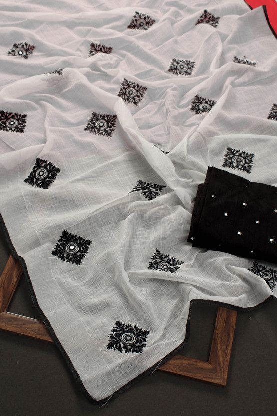Embellished Bollywood Linen Saree  (White, Black)
