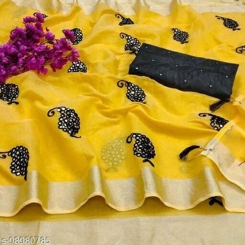 Embroidered Chanderi Cotton Linen Saree  (Yellow)