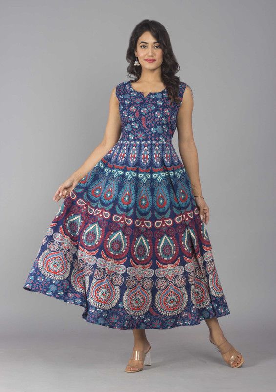Floral Print Pure Cotton Stitched Flared/A-line Gown  (Light Blue)
