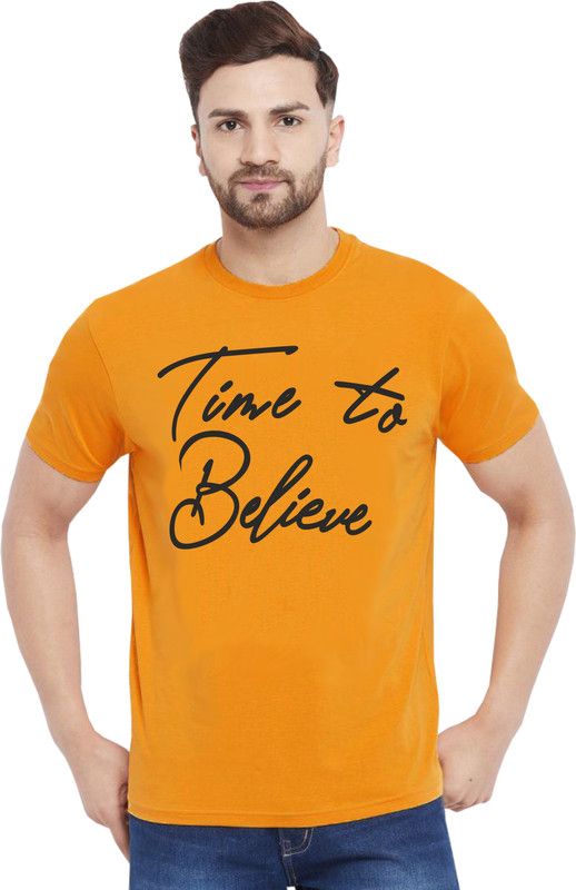 Men Graphic Print Round Neck Pure Cotton Gold T-Shirt