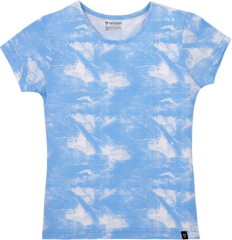 Girls Printed Pure Cotton T Shirt  (Blue, Pack of 1)