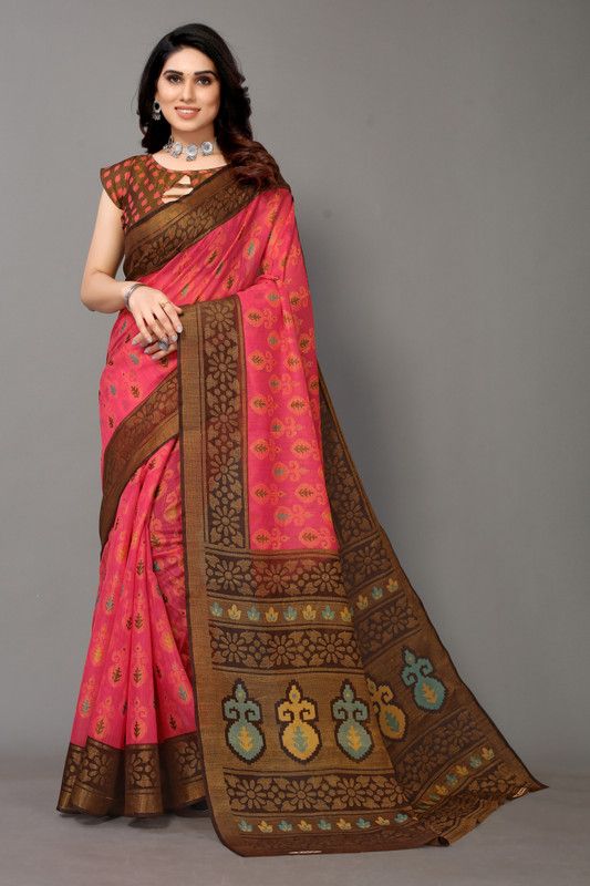 Bollywood Cotton Linen, Brasso Saree  (Brown, Pink)