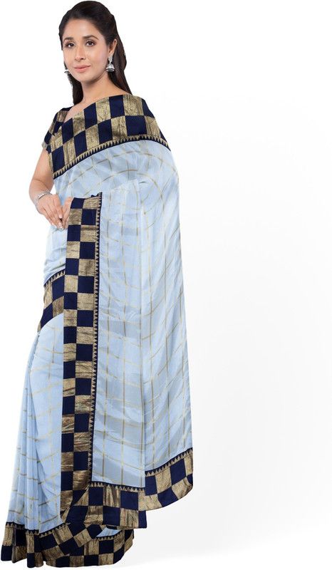 Checkered Bollywood Silk Blend Saree  (White)