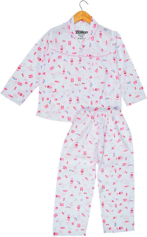 Girls Printed Polycotton Kids Nightwear  (White Pack of 1)