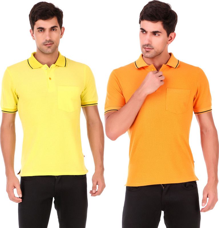 Pack of 2 Men Striped, Solid Polo Neck Cotton Blend Orange, Yellow T-Shirt