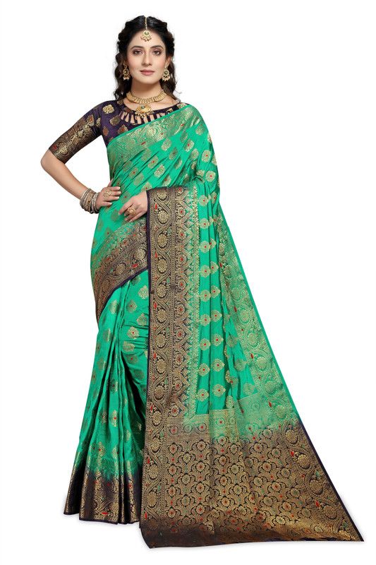 Woven Kanjivaram Pure Silk, Cotton Silk Saree  (Dark Blue, Dark Green)