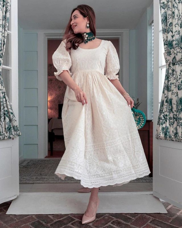 Women Chikan Embroidery Cotton Blend Anarkali Kurta  (Beige)