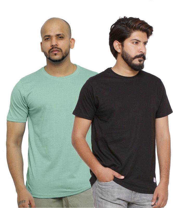 Pack of 2 Men Solid Round Neck Cotton Blend Black, Light Green T-Shirt