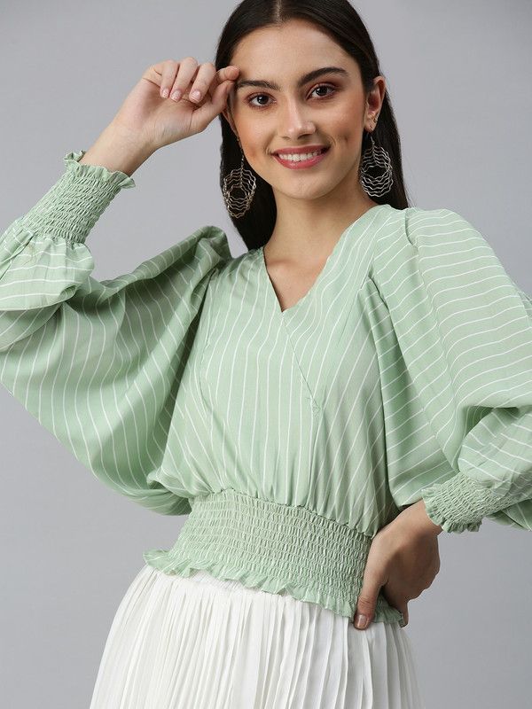 Casual Batwing Sleeves Striped Women Green Top
