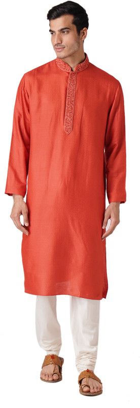 Men Self Design Silk Blend Straight Kurta  (Orange)