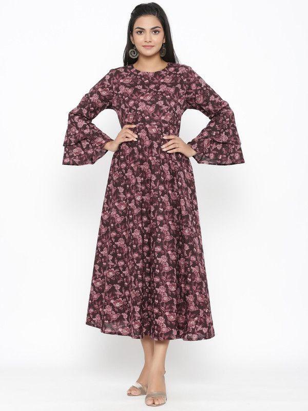 Women Floral Print Pure Cotton Anarkali Kurta  (Maroon)