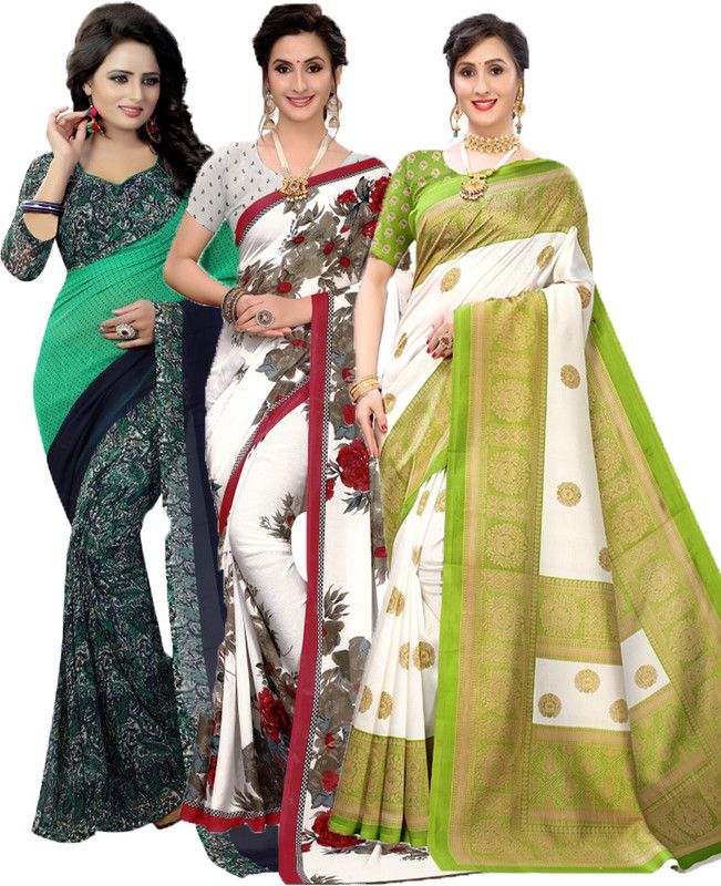 Printed Daily Wear Georgette Saree  (Pack of 3, Green, Maroon)