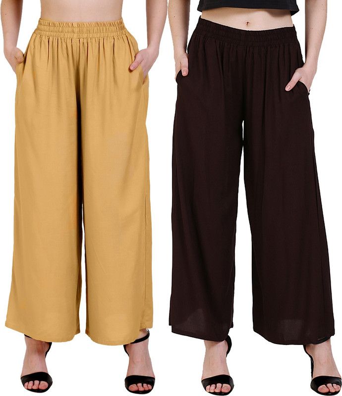 Pack of 2 Women Regular Fit Beige, Brown Cotton Blend Trousers