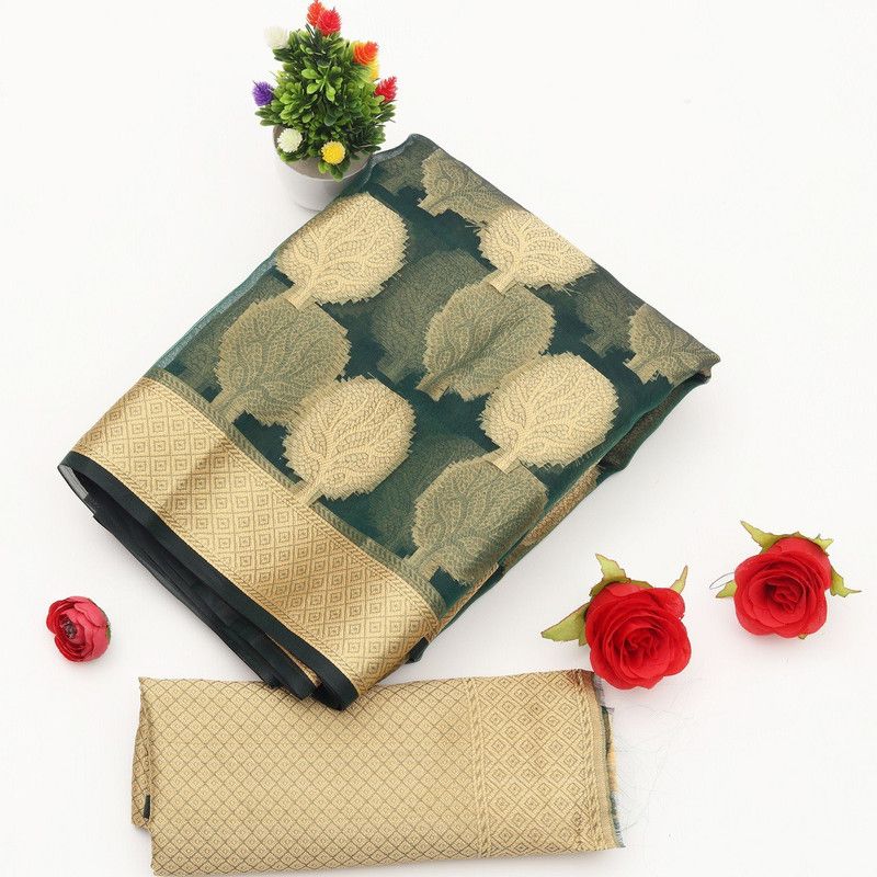 Woven Chanderi Organza Saree  (Dark Green)