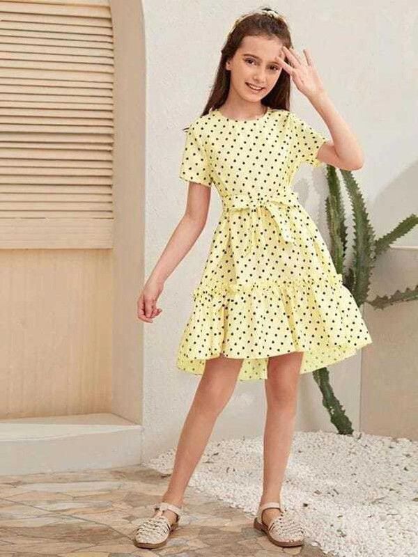 Girls Above Knee Casual Dress  (Yellow, Half Sleeve)