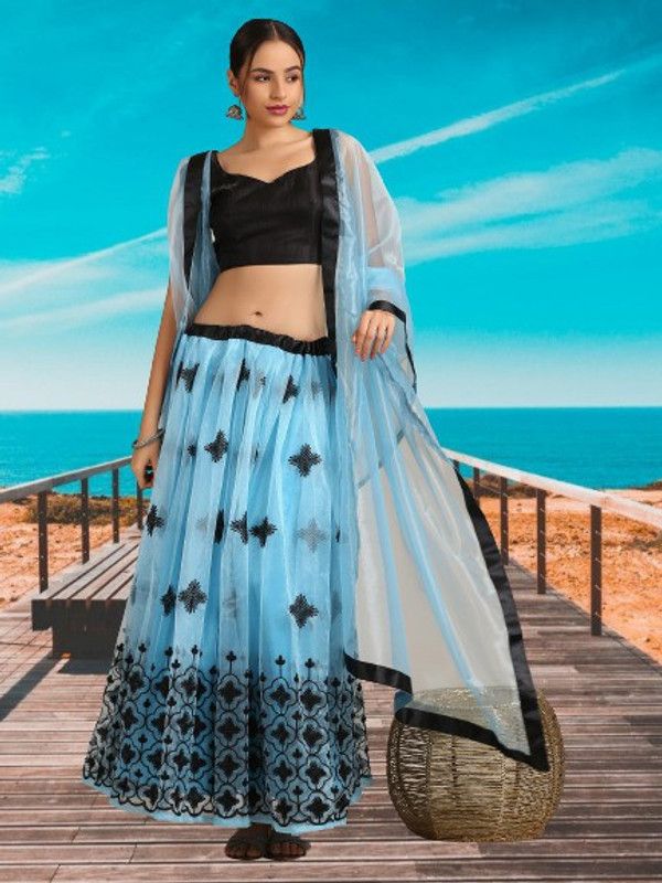 Semi Stitched Lehenga Choli  (Black, Blue)