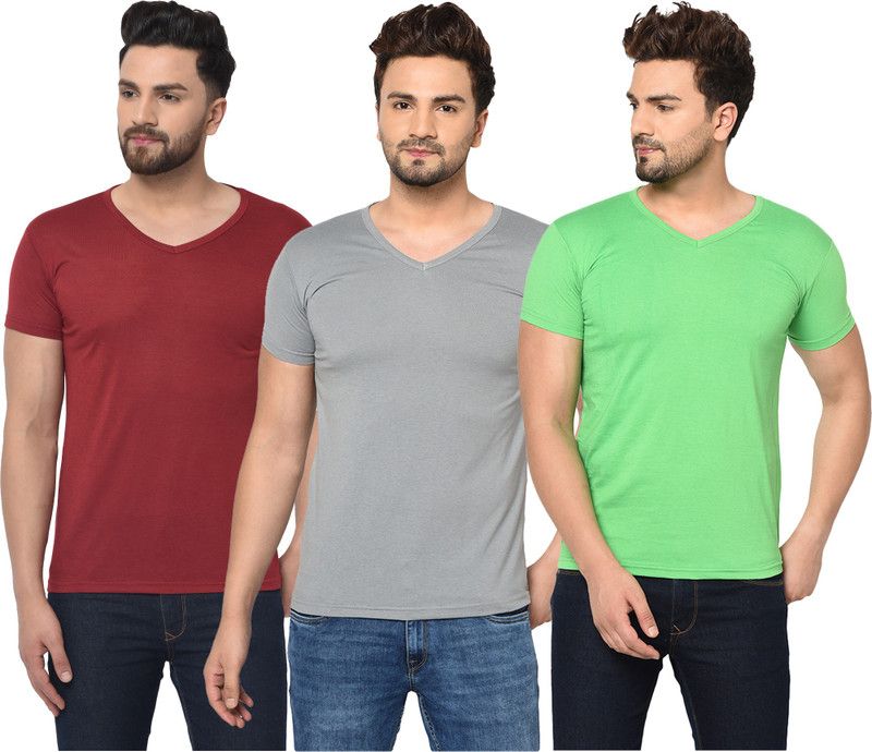 Pack of 3 V Neck T-Shirt Combo of 3 Men Solid V Neck Cotton Blend Red, Green, Grey T-Shirt
