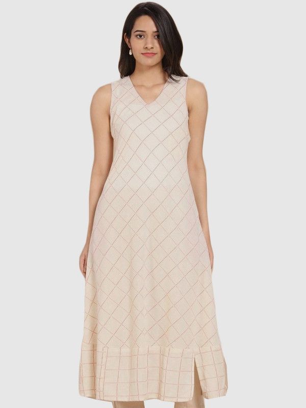Women Checkered Cotton Blend A-line Kurta  (Beige)