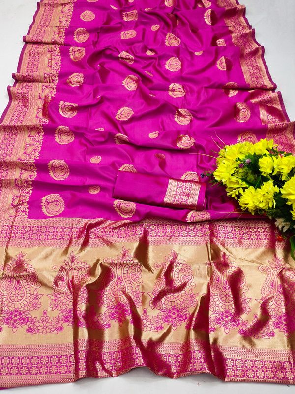 Banarasi Silk Blend Saree  (Pink, Gold)