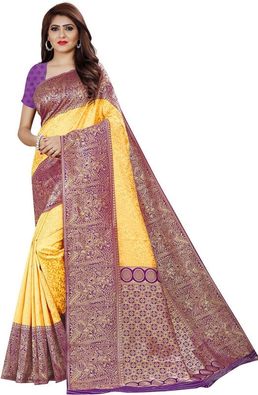 Woven Banarasi Silk Blend Saree  (Purple, Yellow)