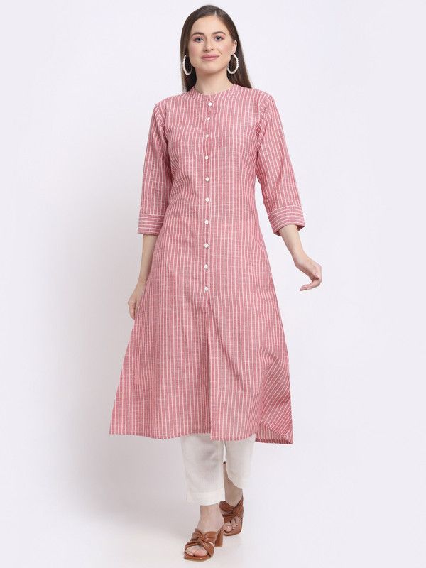 Women Striped Kurta  (Red)
