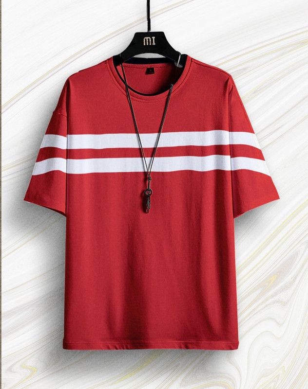 Loose Fit Men's T-Shirt Men Striped Round Neck Cotton Blend Red T-Shirt