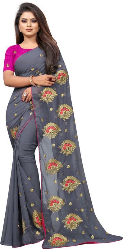 Embroidered Banarasi Satin Saree  (Orange)