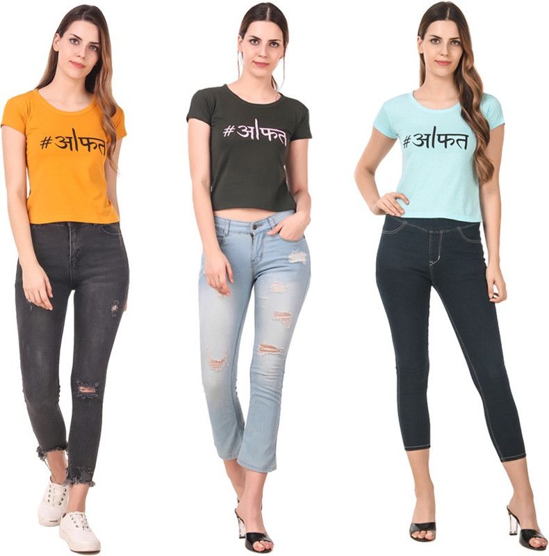 Pack of 3 Women Printed Round Neck Cotton Blend Light Blue, Green, Yellow T-Shirt
