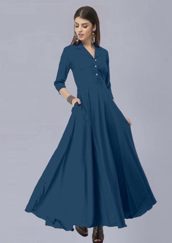 Women Solid Crepe Gown Kurta  (Dark Blue)