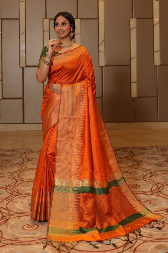 Woven Narayanpet Silk Blend Saree  (Orange)