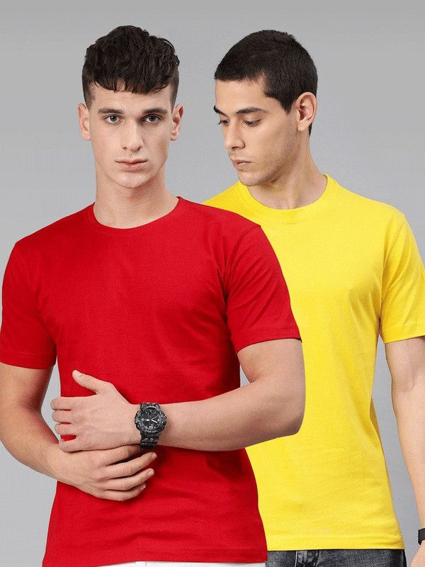 Solid Men Yellow, Red T-Shirt  (Pack of 2)