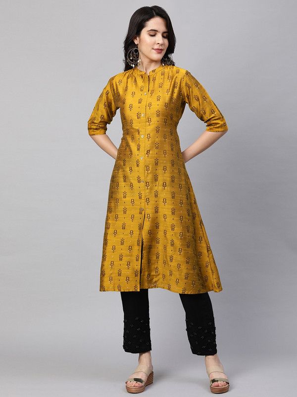 Women Printed Dupion Silk A-line Kurta  (Yellow)